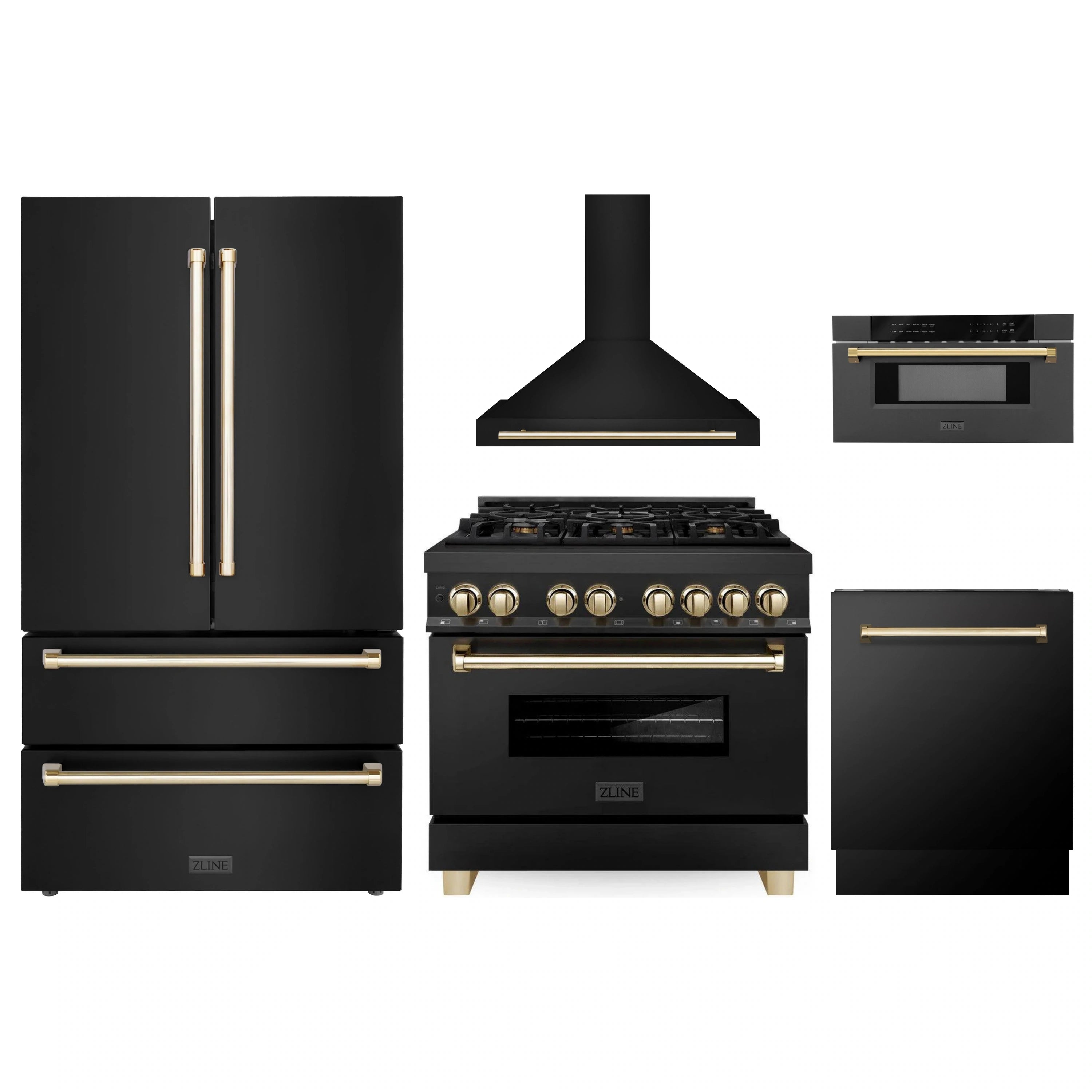 Black stainless steel kitchen appliance package with gold accents