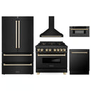 ZLINE 5-Piece Appliance Package - 36-Inch Legacy Dual Fuel Range, Wall Mount Range Hood, 36-Inch French Door Refrigerator, Dishwasher, and 30-Inch Microwave Drawer in Black Stainless Steel with Gold Accents