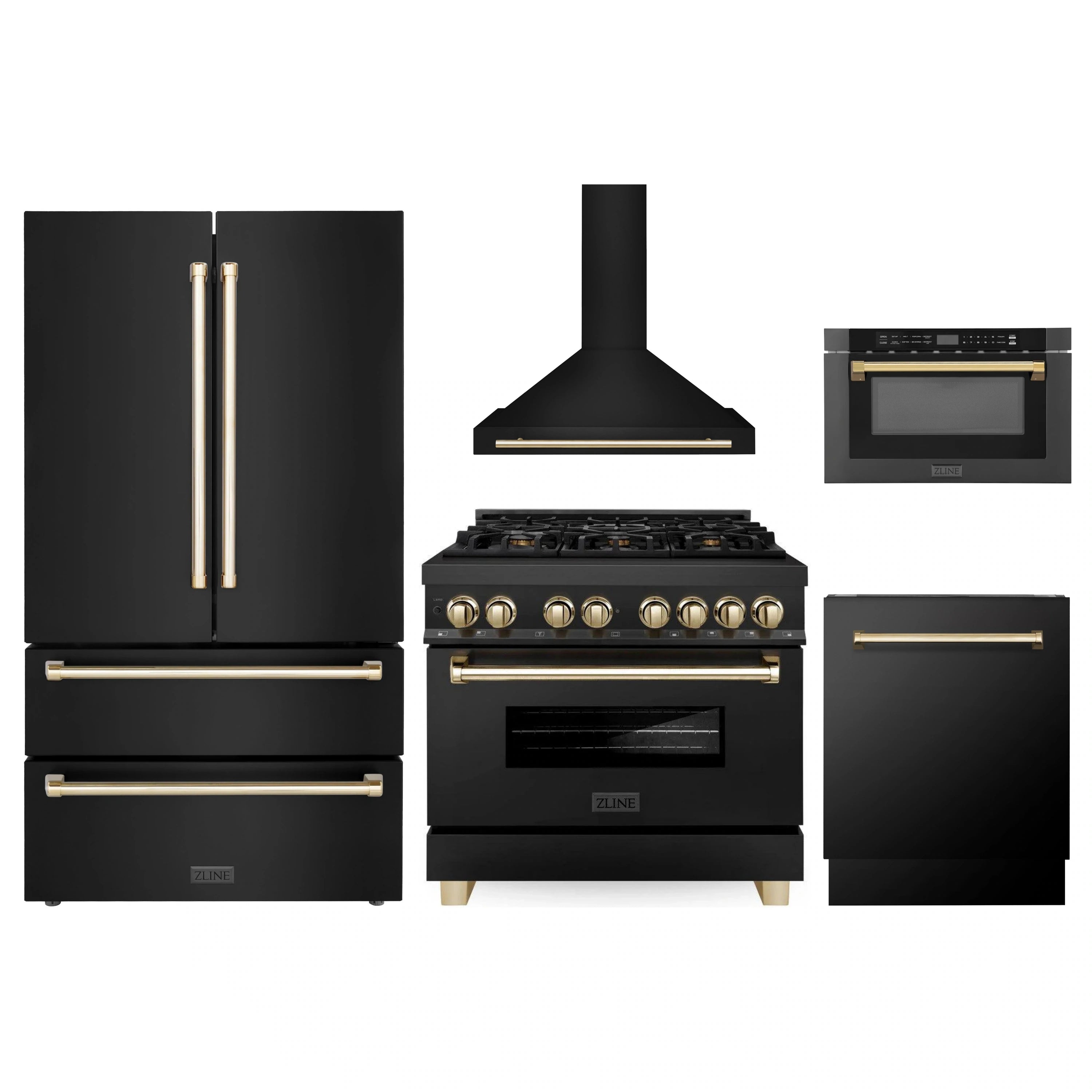 Black 5-piece appliance package with gold accents: fridge, range, hood, microwave drawer, dishwasher