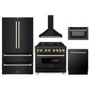 ZLINE 5-Piece Appliance Package - 36-Inch Legacy Dual Fuel Range, Wall Mount Range Hood, 36-Inch French Door Refrigerator, Dishwasher, and 30-Inch Microwave Drawer in Black Stainless Steel with Gold Accents