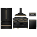 ZLINE 5-Piece Appliance Package - 48-Inch Legacy Dual Fuel Range, Wall Mount Range Hood, 36-Inch French Door Refrigerator, Dishwasher, and 30-Inch Microwave Drawer in Black Stainless Steel with Champagne Bronze Accents