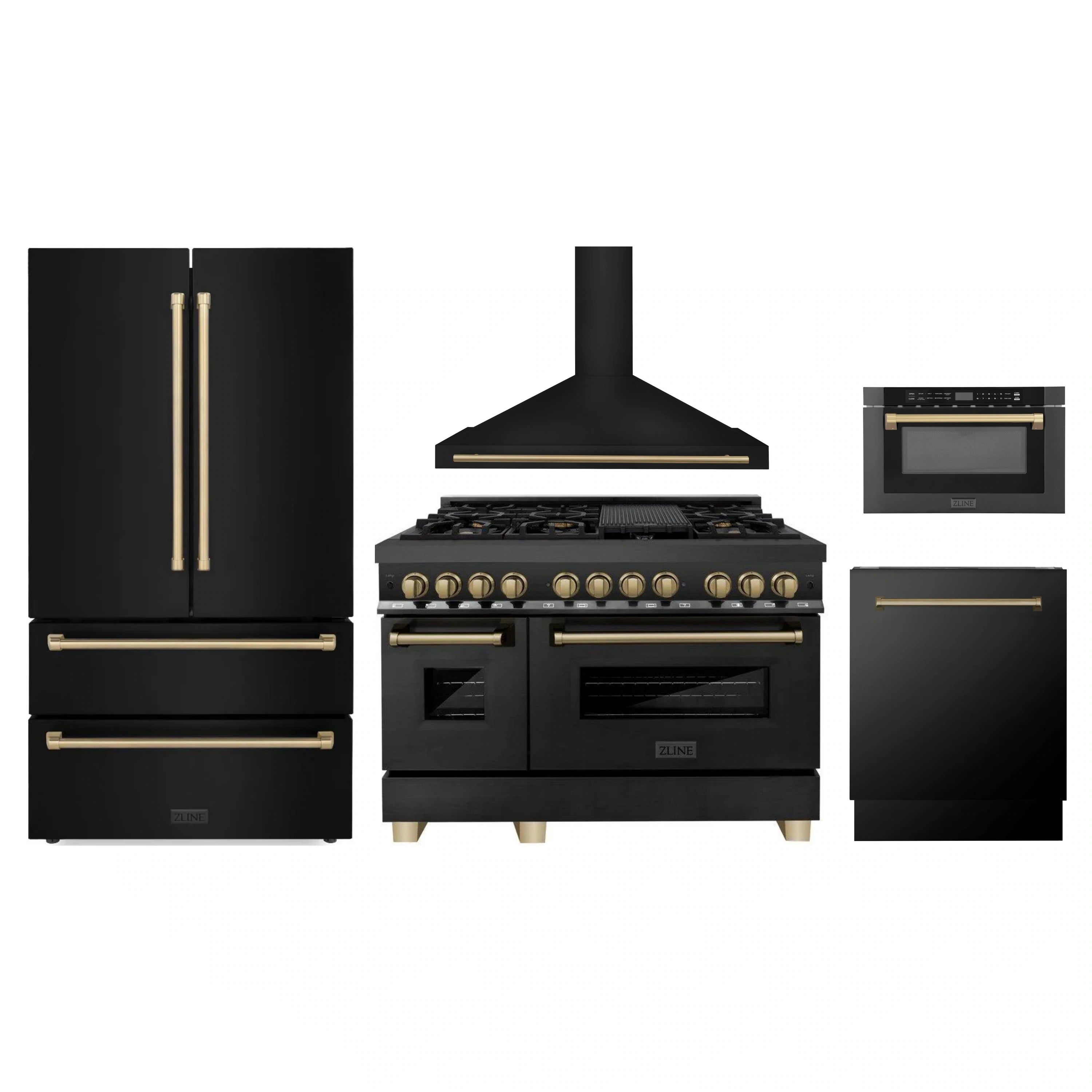 ZLINE black stainless appliance set with champagne bronze accents, including range and refrigerator