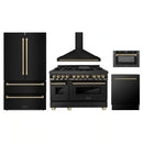 ZLINE 5-Piece Appliance Package - 48-Inch Legacy Dual Fuel Range, Wall Mount Range Hood, 36-Inch French Door Refrigerator, Dishwasher, and 30-Inch Microwave Drawer in Black Stainless Steel with Champagne Bronze Accents