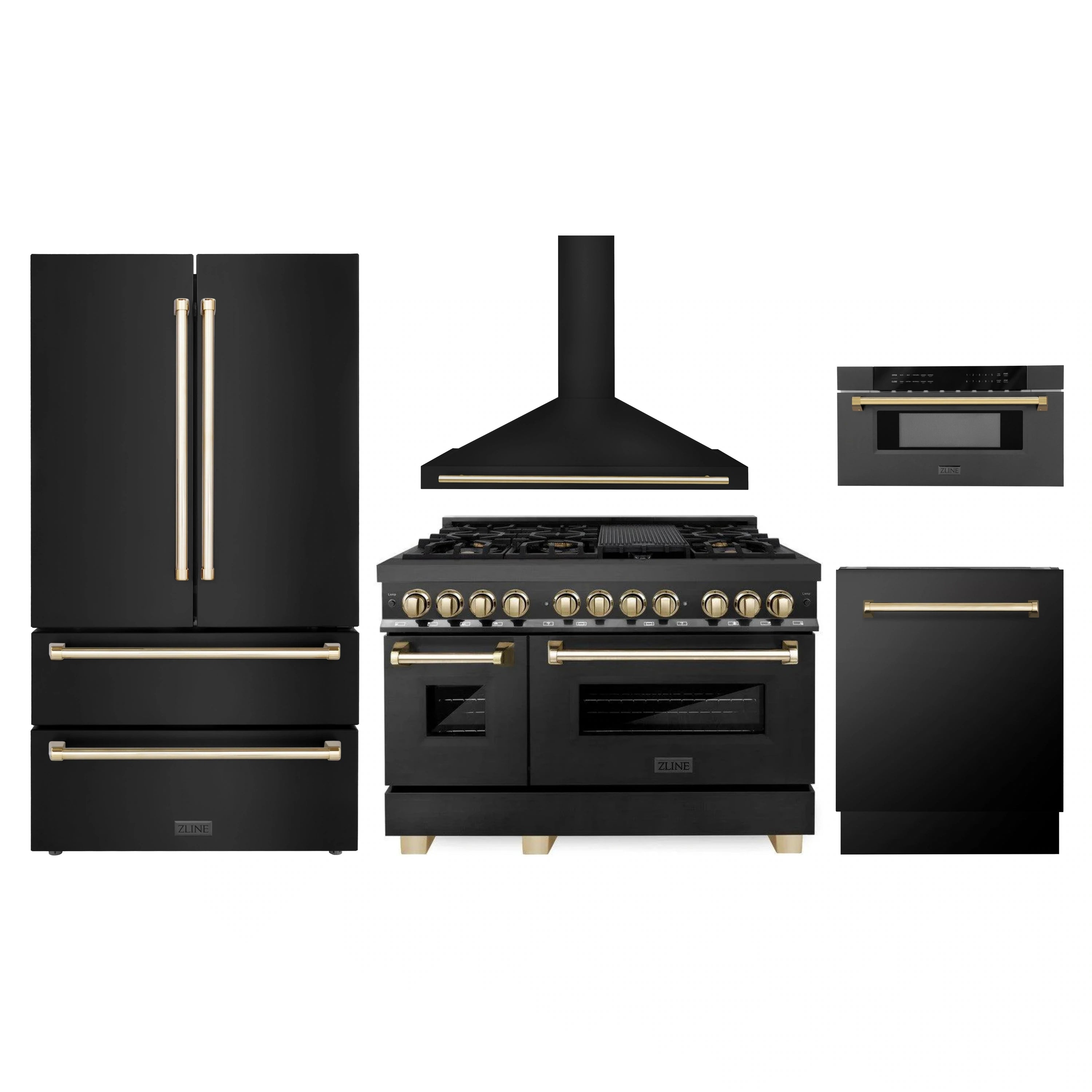 Black stainless five-piece appliance set with gold accents, including range, hood, and fridge