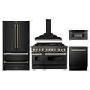 ZLINE 5-Piece Appliance Package - 48-Inch Legacy Dual Fuel Range, Wall Mount Range Hood, 36-Inch French Door Refrigerator, Dishwasher, and 30-Inch Microwave Drawer in Black Stainless Steel with Gold Accents