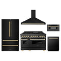 ZLINE 5-Piece Appliance Package - 48-Inch Legacy Dual Fuel Range, Wall Mount Range Hood, 36-Inch French Door Refrigerator, Dishwasher, and 30-Inch Microwave Drawer in Black Stainless Steel with Gold Accents