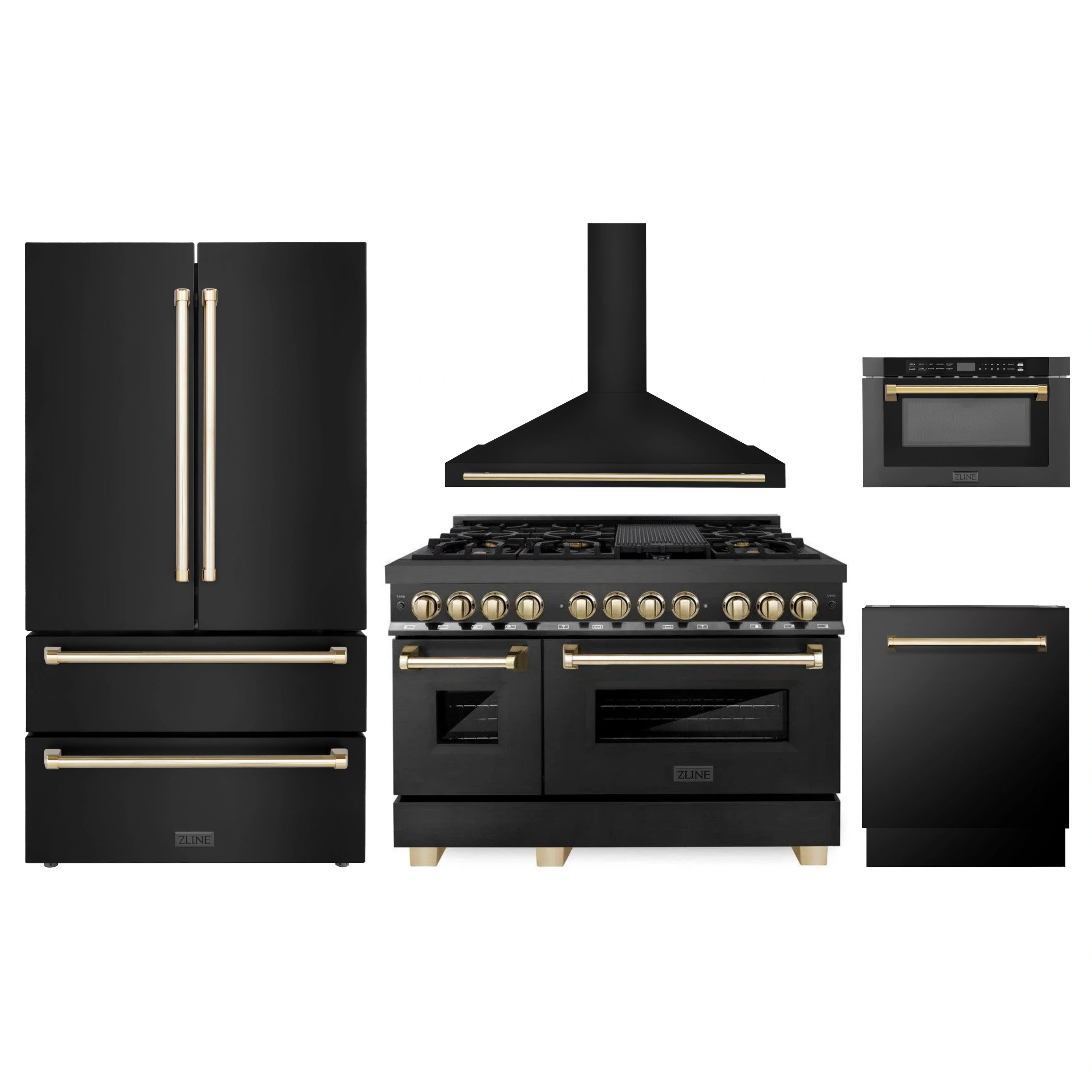 Black appliance package with gold accents, showing refrigerator and range set