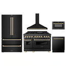 ZLINE 5-Piece Appliance Package - 48-Inch Legacy Dual Fuel Range, Wall Mount Range Hood, 36-Inch French Door Refrigerator, Dishwasher, and 30-Inch Microwave Drawer in Black Stainless Steel with Gold Accents