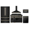 ZLINE 5-Piece Appliance Package - 48-Inch Legacy Dual Fuel Range, Wall Mount Range Hood, 36-Inch French Door Refrigerator, Dishwasher, and 30-Inch Microwave Drawer in Black Stainless Steel with Gold Accents