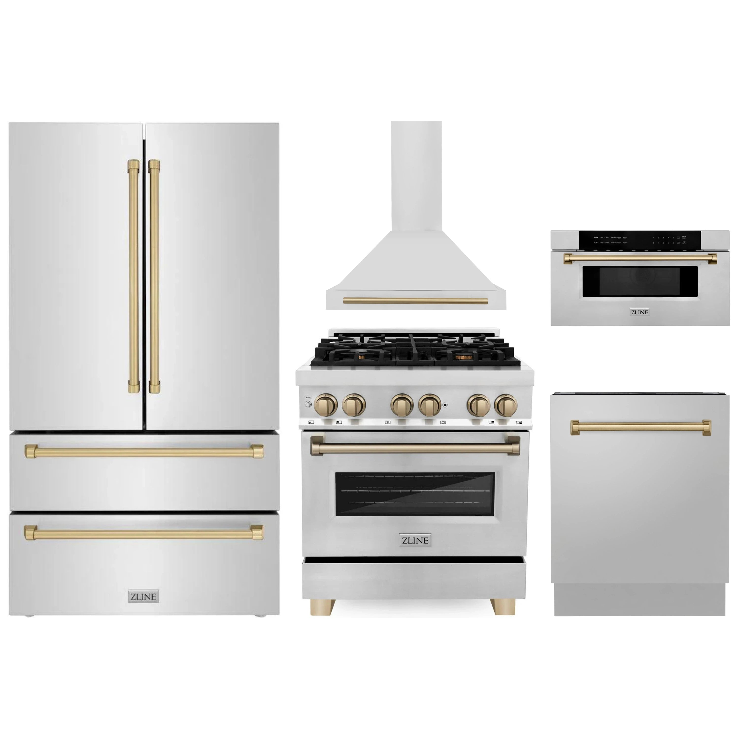 Stainless steel kitchen appliance set with champagne bronze accents, including range, hood, fridge