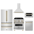 ZLINE 5-Piece Appliance Package - 30-Inch Legacy Autograph Dual Fuel Range, Wall Mount Range Hood, 36-Inch French Door Refrigerator, Dishwasher, and 30-Inch Microwave Drawer in Stainless Steel with Champagne Bronze Accents