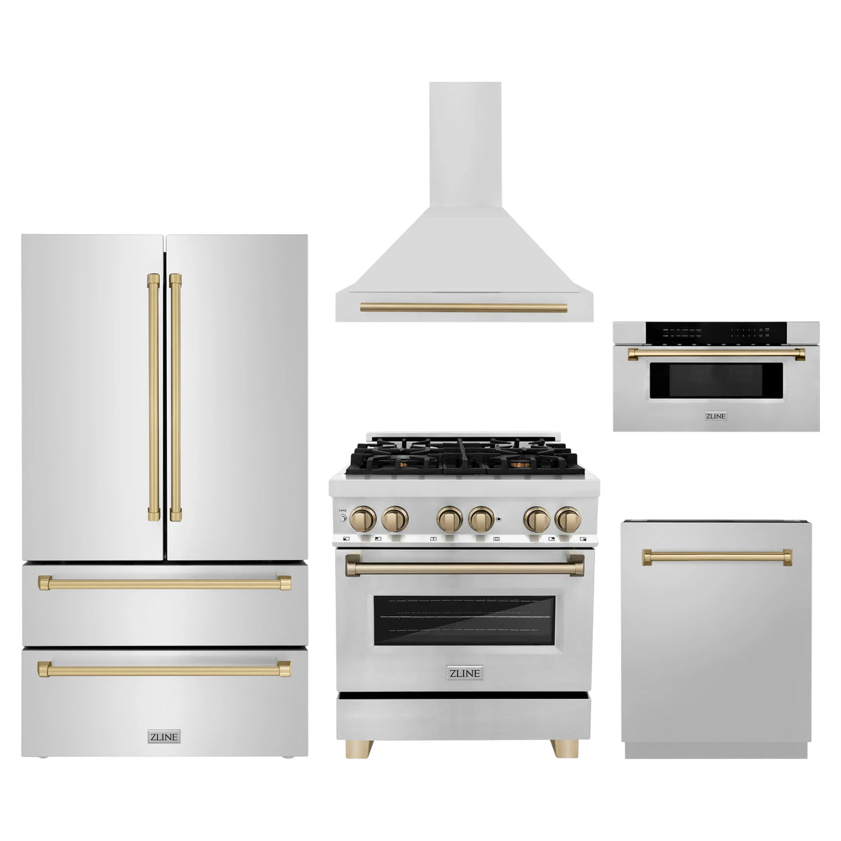 ZLINE 5-Piece Appliance Package - 30-Inch Legacy Autograph Dual Fuel Range, Wall Mount Range Hood, 36-Inch French Door Refrigerator, Dishwasher, and 30-Inch Microwave Drawer in Stainless Steel with Champagne Bronze Accents