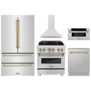 ZLINE 5-Piece Appliance Package - 30-Inch Legacy Autograph Dual Fuel Range, Wall Mount Range Hood, 36-Inch French Door Refrigerator, Dishwasher, and 30-Inch Microwave Drawer in Stainless Steel with Champagne Bronze Accents
