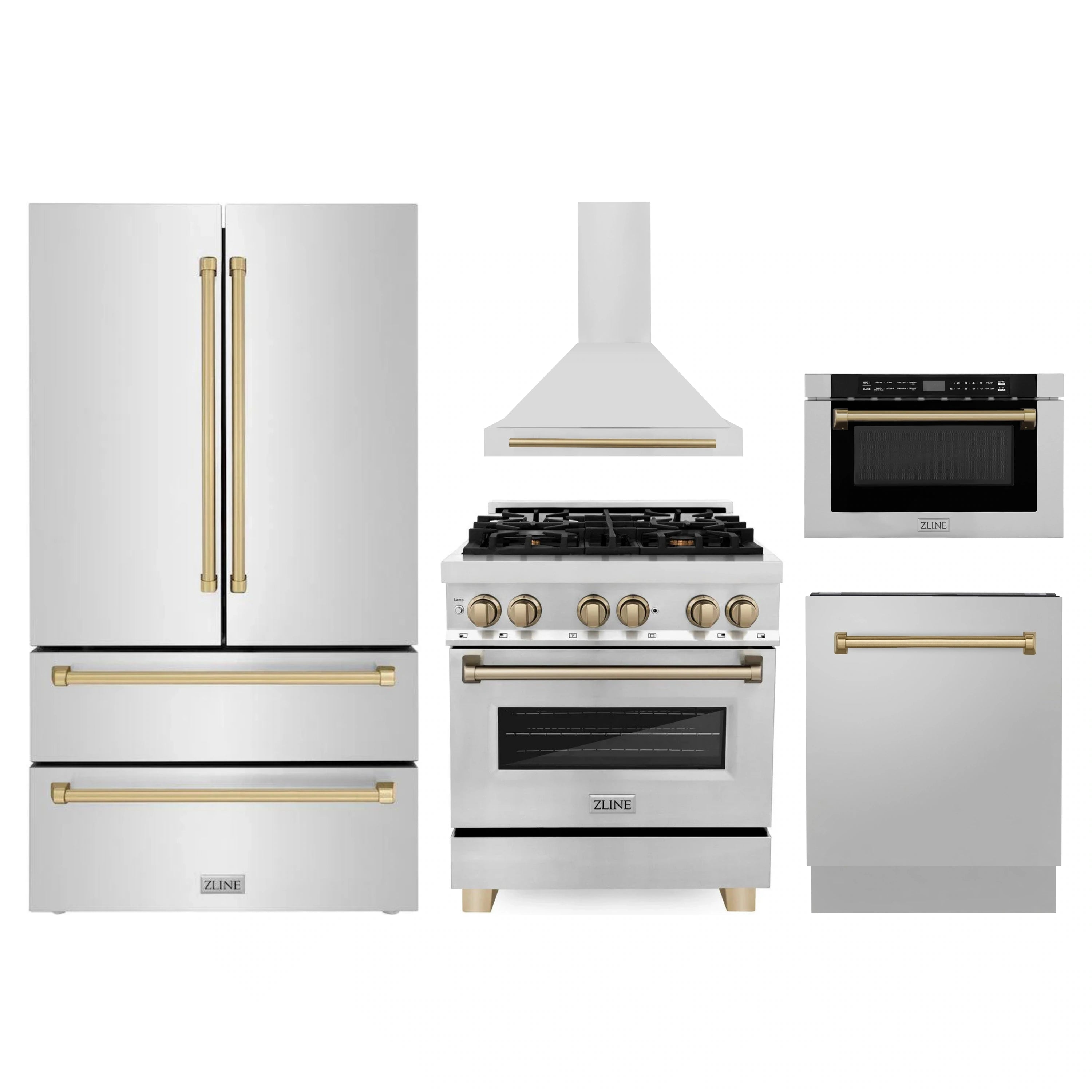 Stainless steel appliance set with range, refrigerator, hood, and microwave drawer