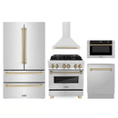 ZLINE 5-Piece Appliance Package - 30-Inch Legacy Autograph Dual Fuel Range, Wall Mount Range Hood, 36-Inch French Door Refrigerator, Dishwasher, and 30-Inch Microwave Drawer in Stainless Steel with Champagne Bronze Accents