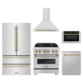 ZLINE 5-Piece Appliance Package - 30-Inch Legacy Autograph Dual Fuel Range, Wall Mount Range Hood, 36-Inch French Door Refrigerator, Dishwasher, and 24-Inch Microwave Drawer in Stainless Steel with Champagne Bronze Accents