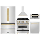 ZLINE 5-Piece Appliance Package - 30-Inch Legacy Autograph Dual Fuel Range, Wall Mount Range Hood, 36-Inch French Door Refrigerator, Dishwasher, and 30-Inch Microwave Drawer in Stainless Steel with Gold Accents