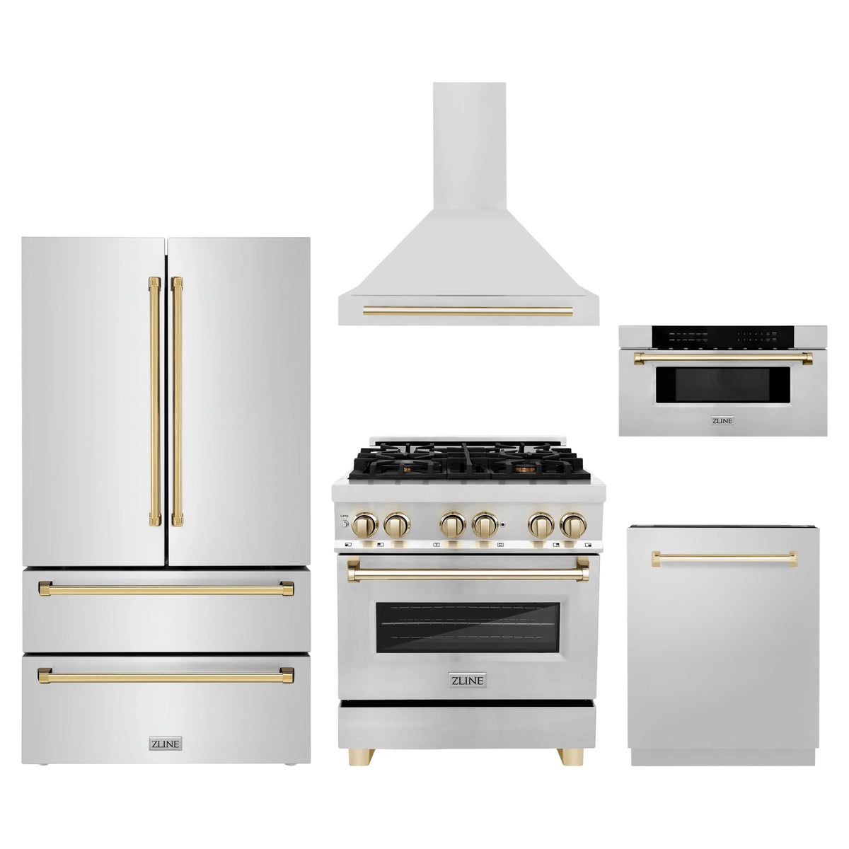 ZLINE 5-Piece Appliance Package - 30-Inch Legacy Autograph Dual Fuel Range, Wall Mount Range Hood, 36-Inch French Door Refrigerator, Dishwasher, and 30-Inch Microwave Drawer in Stainless Steel with Gold Accents