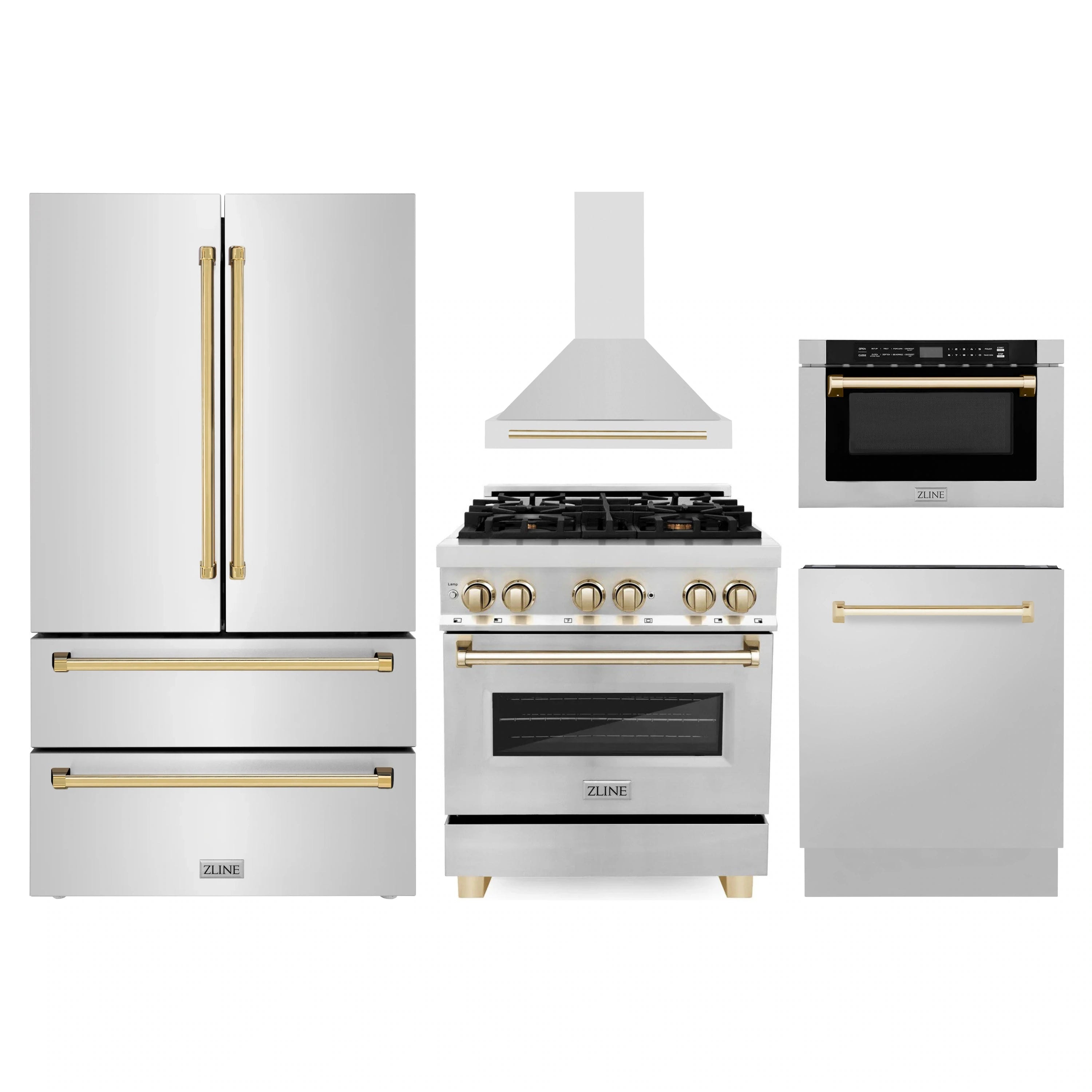 ZLINE appliance package lineup: French door refrigerator, range, hood, and microwave