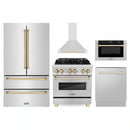 ZLINE 5-Piece Appliance Package - 30-Inch Legacy Autograph Dual Fuel Range, Wall Mount Range Hood, 36-Inch French Door Refrigerator, Dishwasher, and 30-Inch Microwave Drawer in Stainless Steel with Gold Accents