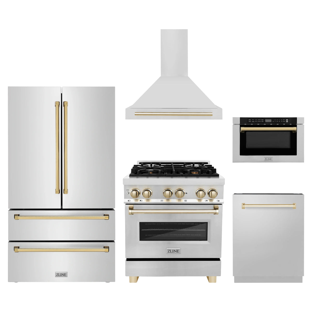 ZLINE 5-Piece Appliance Package - 30-Inch Legacy Autograph Dual Fuel Range, Wall Mount Range Hood, 36-Inch French Door Refrigerator, Dishwasher, and 24-Inch Microwave Drawer in Stainless Steel with Gold Accents