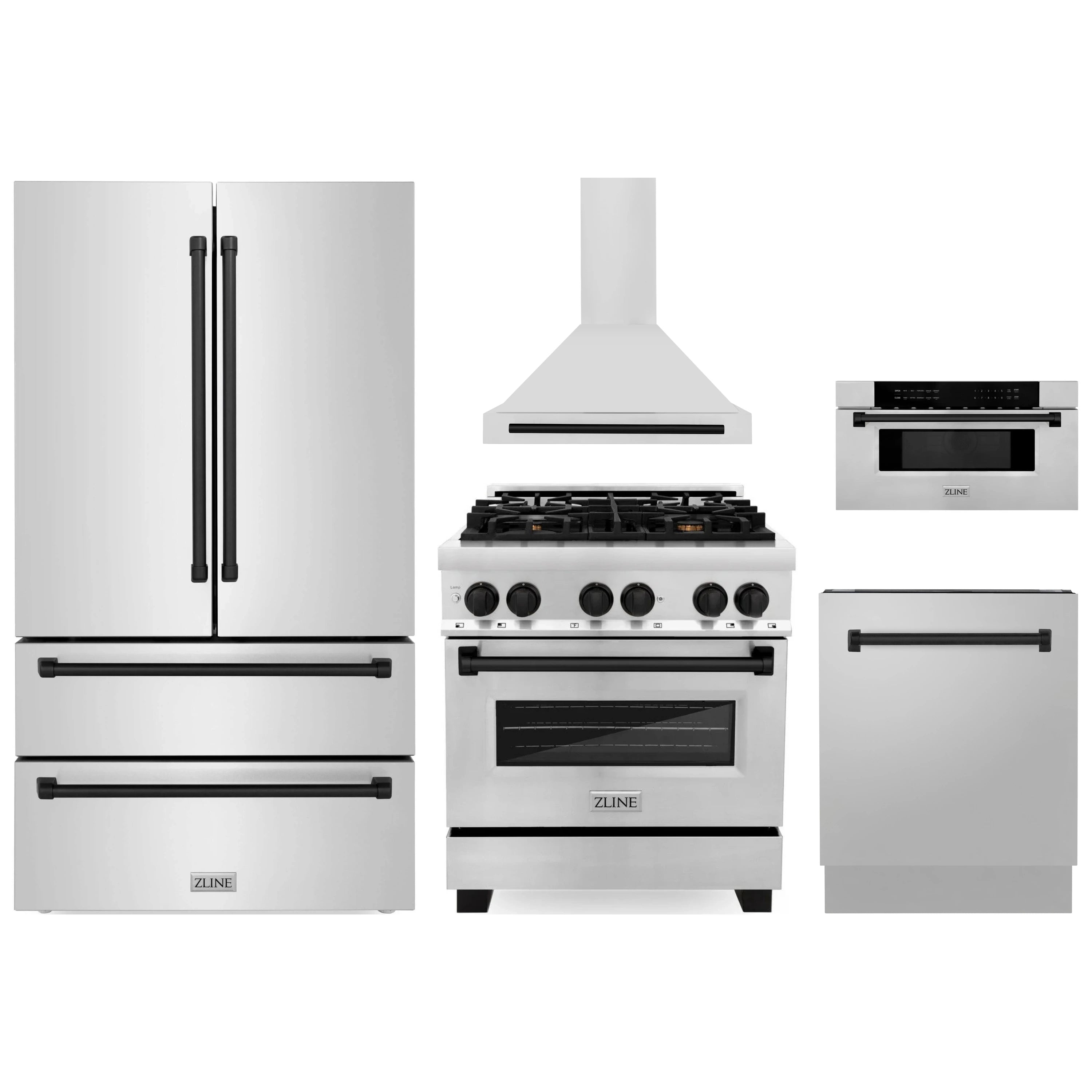 Stainless steel appliance package featuring dual fuel range, hood, microwave, and fridge