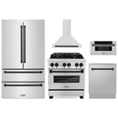 ZLINE 5-Piece Appliance Package - 30-Inch Legacy Autograph Dual Fuel Range, Wall Mount Range Hood, 36-Inch French Door Refrigerator, Dishwasher, and 30-Inch Microwave Drawer in Stainless Steel with Matte Black Accents
