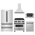 ZLINE 5-Piece Appliance Package - 30-Inch Legacy Autograph Dual Fuel Range, Wall Mount Range Hood, 36-Inch French Door Refrigerator, Dishwasher, and 30-Inch Microwave Drawer in Stainless Steel with Matte Black Accents
