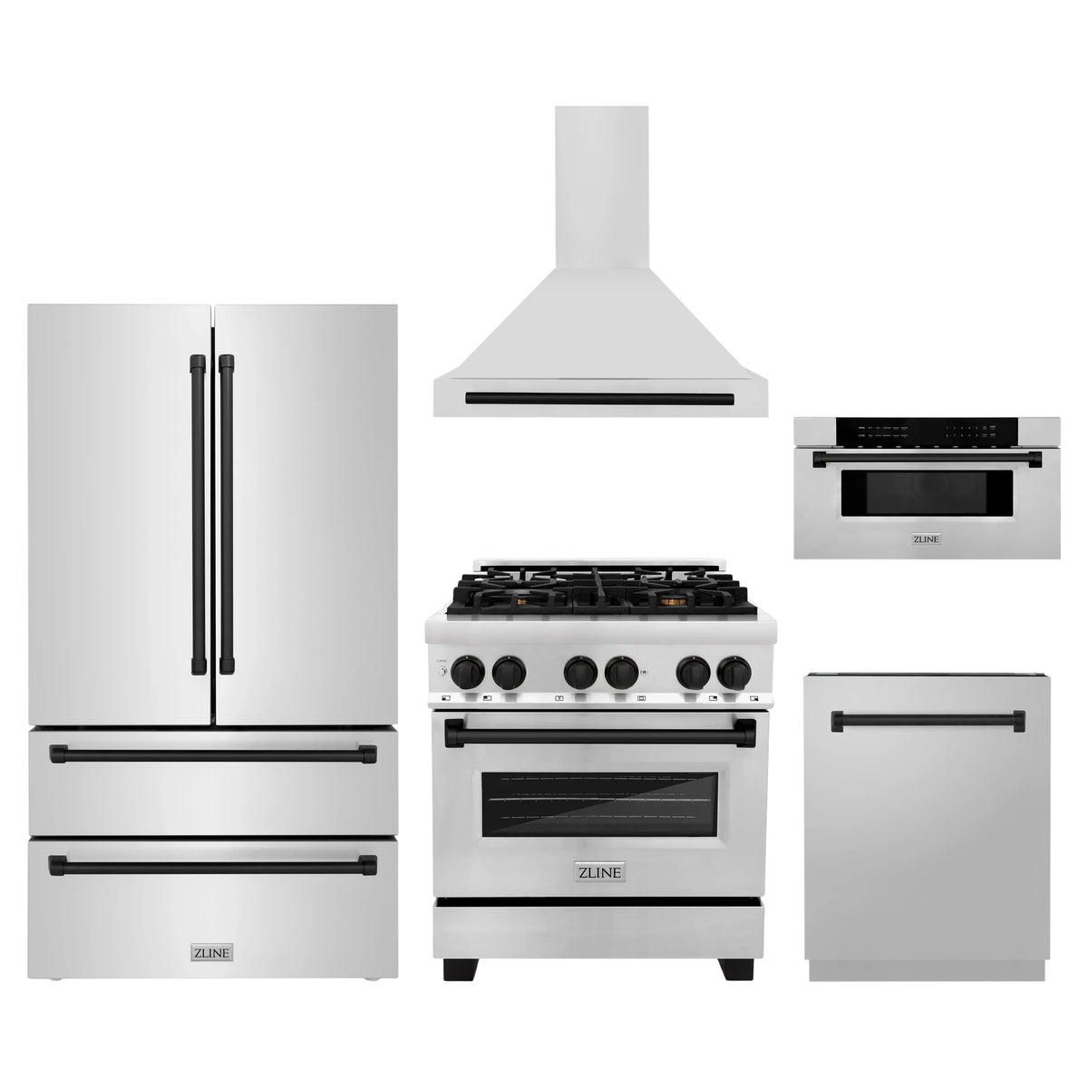ZLINE 5-Piece Appliance Package - 30-Inch Legacy Autograph Dual Fuel Range, Wall Mount Range Hood, 36-Inch French Door Refrigerator, Dishwasher, and 30-Inch Microwave Drawer in Stainless Steel with Matte Black Accents
