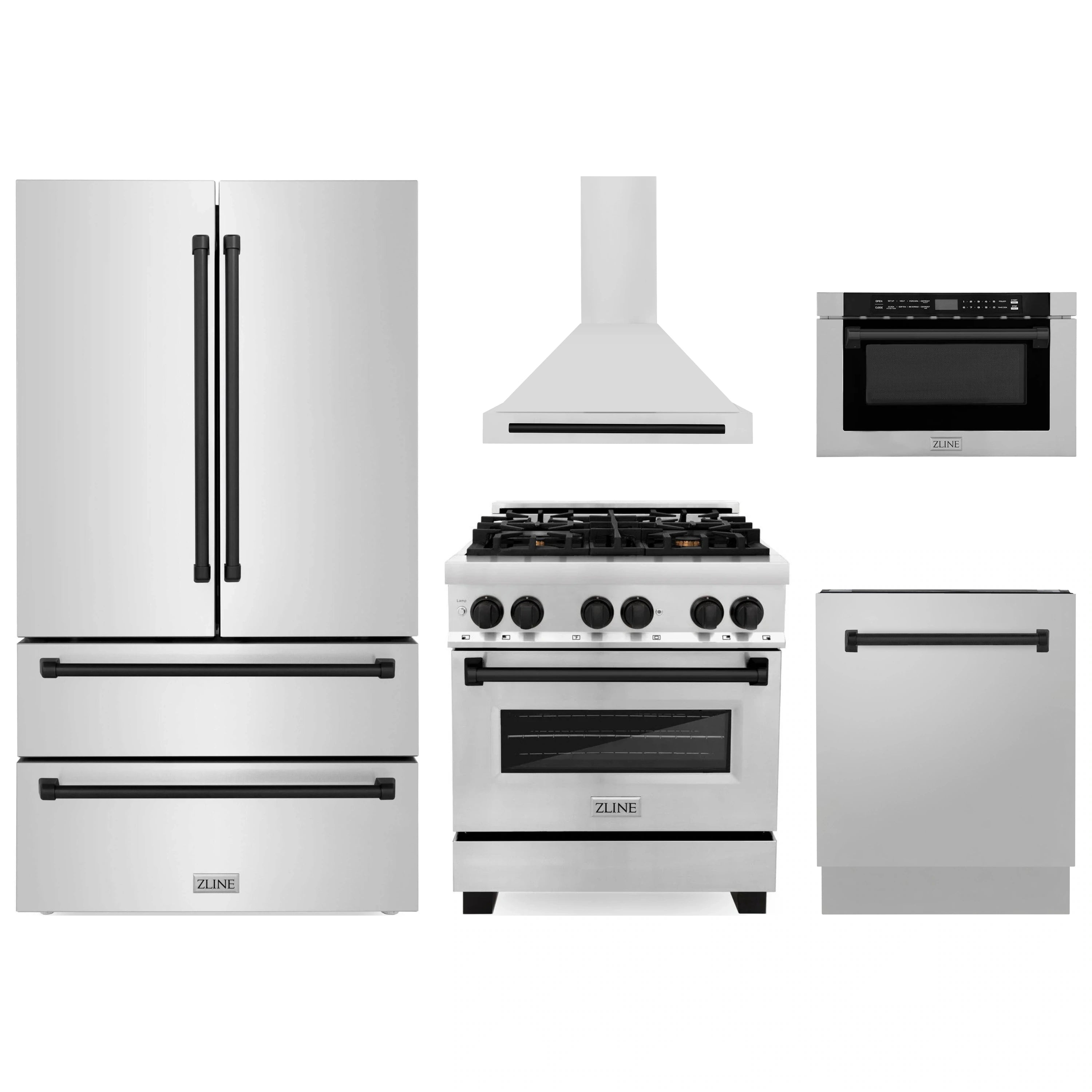 Stainless steel kitchen appliance package with black accents: range, hood, fridge, microwave