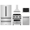 ZLINE 5-Piece Appliance Package - 30-Inch Legacy Autograph Dual Fuel Range, Wall Mount Range Hood, 36-Inch French Door Refrigerator, Dishwasher, and 30-Inch Microwave Drawer in Stainless Steel with Matte Black Accents