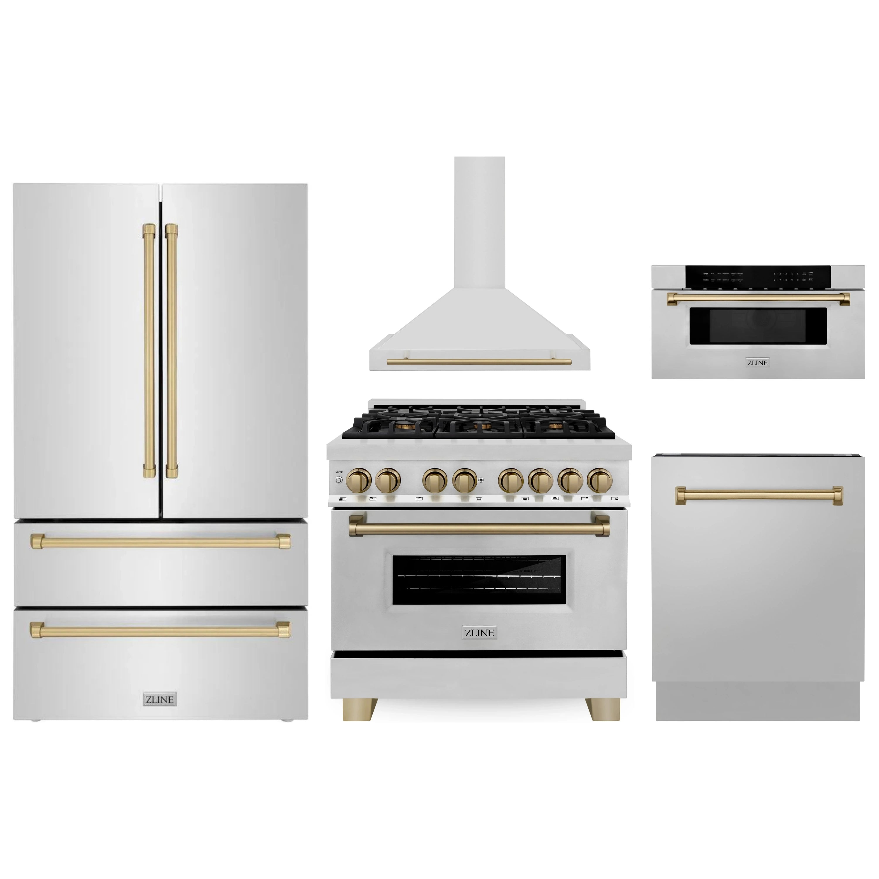 Stainless steel 5-piece kitchen appliance set with champagne bronze accents