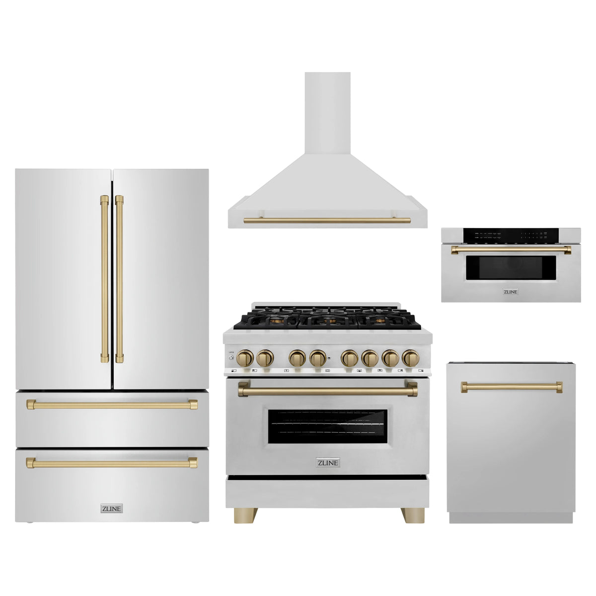 ZLINE 5-Piece Appliance Package - 36-Inch Legacy Autograph Dual Fuel Range, Wall Mount Range Hood, 36-Inch French Door Refrigerator, Dishwasher, and 30-Inch Microwave Drawer in Stainless Steel with Champagne Bronze Accents