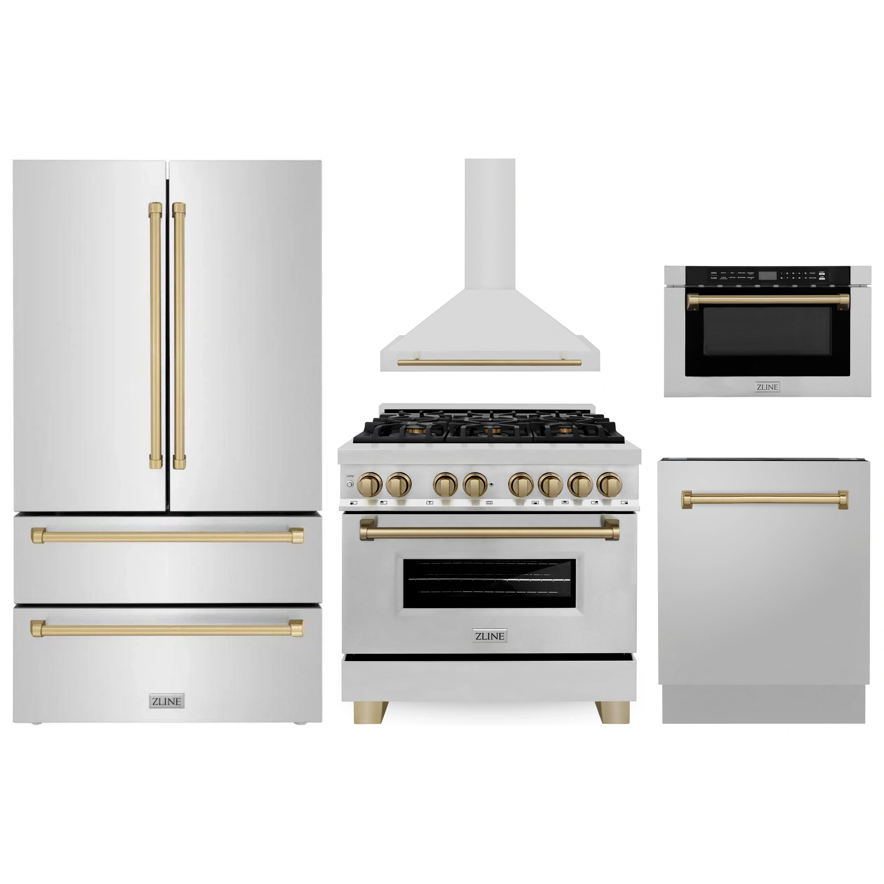 Kitchen appliance package with stainless steel finishes and champagne bronze accents