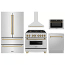 ZLINE 5-Piece Appliance Package - 36-Inch Legacy Autograph Dual Fuel Range, Wall Mount Range Hood, 36-Inch French Door Refrigerator, Dishwasher, and 30-Inch Microwave Drawer in Stainless Steel with Champagne Bronze Accents