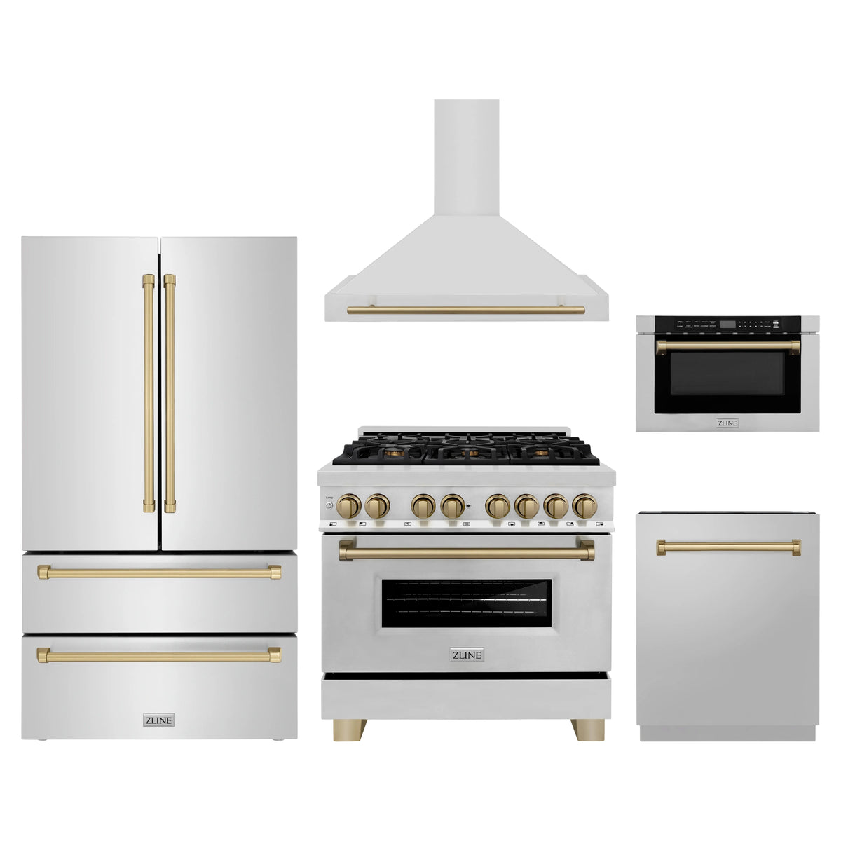ZLINE 5-Piece Appliance Package - 36-Inch Legacy Autograph Dual Fuel Range, Wall Mount Range Hood, 36-Inch French Door Refrigerator, Dishwasher, and 24-Inch Microwave Drawer in Stainless Steel with Champagne Bronze Accents