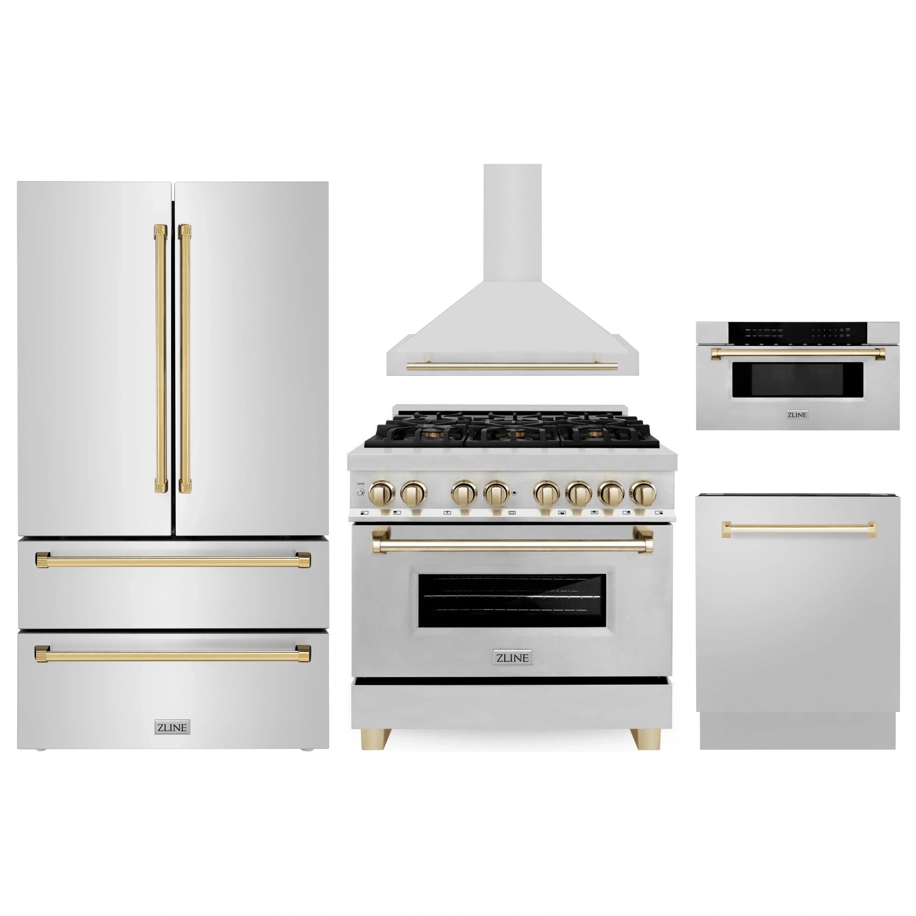 Five-piece kitchen appliance package in stainless steel with gold accent trim