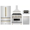 ZLINE 5-Piece Appliance Package - 36-Inch Legacy Autograph Dual Fuel Range, Wall Mount Range Hood, 36-Inch French Door Refrigerator, Dishwasher, and 30-Inch Microwave Drawer in Stainless Steel with Gold Accents