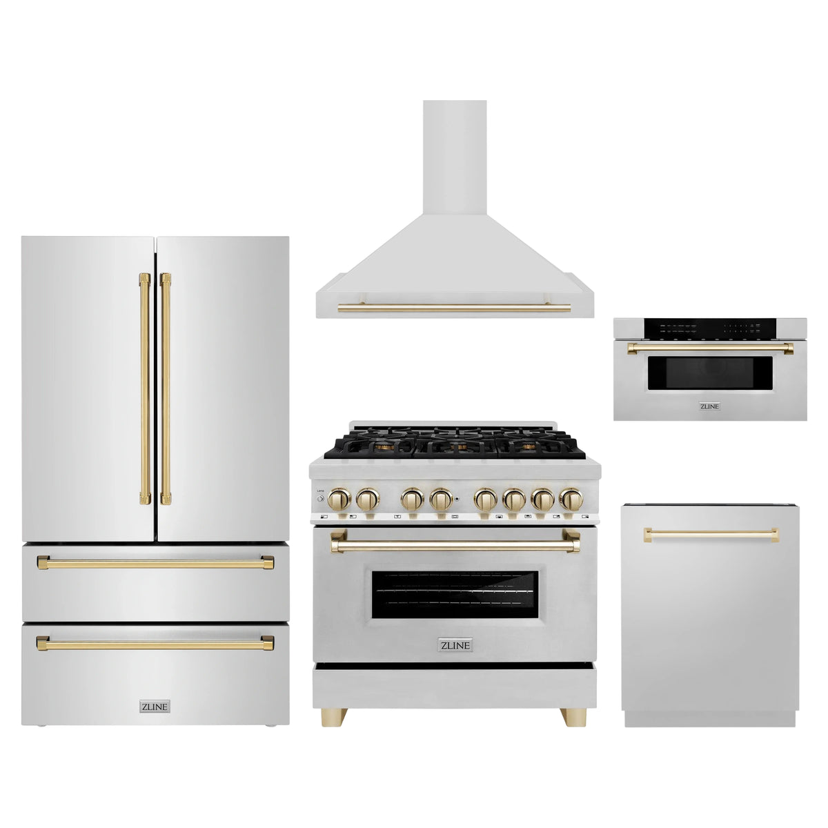 ZLINE 5-Piece Appliance Package - 36-Inch Legacy Autograph Dual Fuel Range, Wall Mount Range Hood, 36-Inch French Door Refrigerator, Dishwasher, and 30-Inch Microwave Drawer in Stainless Steel with Gold Accents