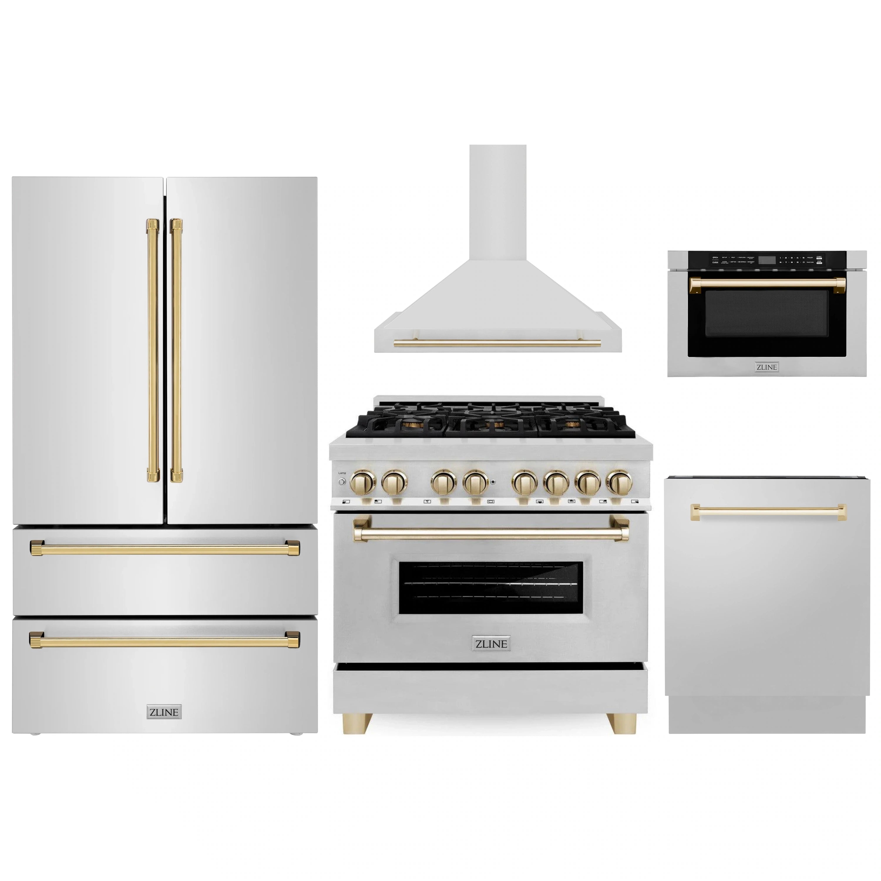 Five-piece stainless steel appliance package with gold accents: range, fridge, hood, microwave