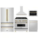 ZLINE 5-Piece Appliance Package - 36-Inch Legacy Autograph Dual Fuel Range, Wall Mount Range Hood, 36-Inch French Door Refrigerator, Dishwasher, and 30-Inch Microwave Drawer in Stainless Steel with Gold Accents