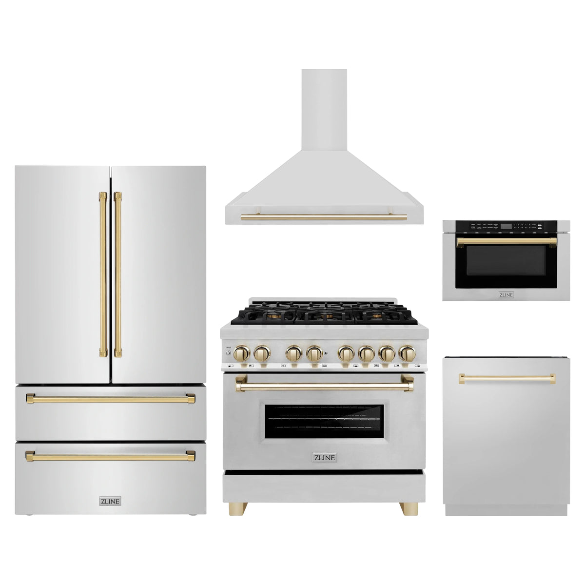 ZLINE 5-Piece Appliance Package - 36-Inch Legacy Autograph Dual Fuel Range, Wall Mount Range Hood, 36-Inch French Door Refrigerator, Dishwasher, and 24-Inch Microwave Drawer in Stainless Steel with Gold Accents