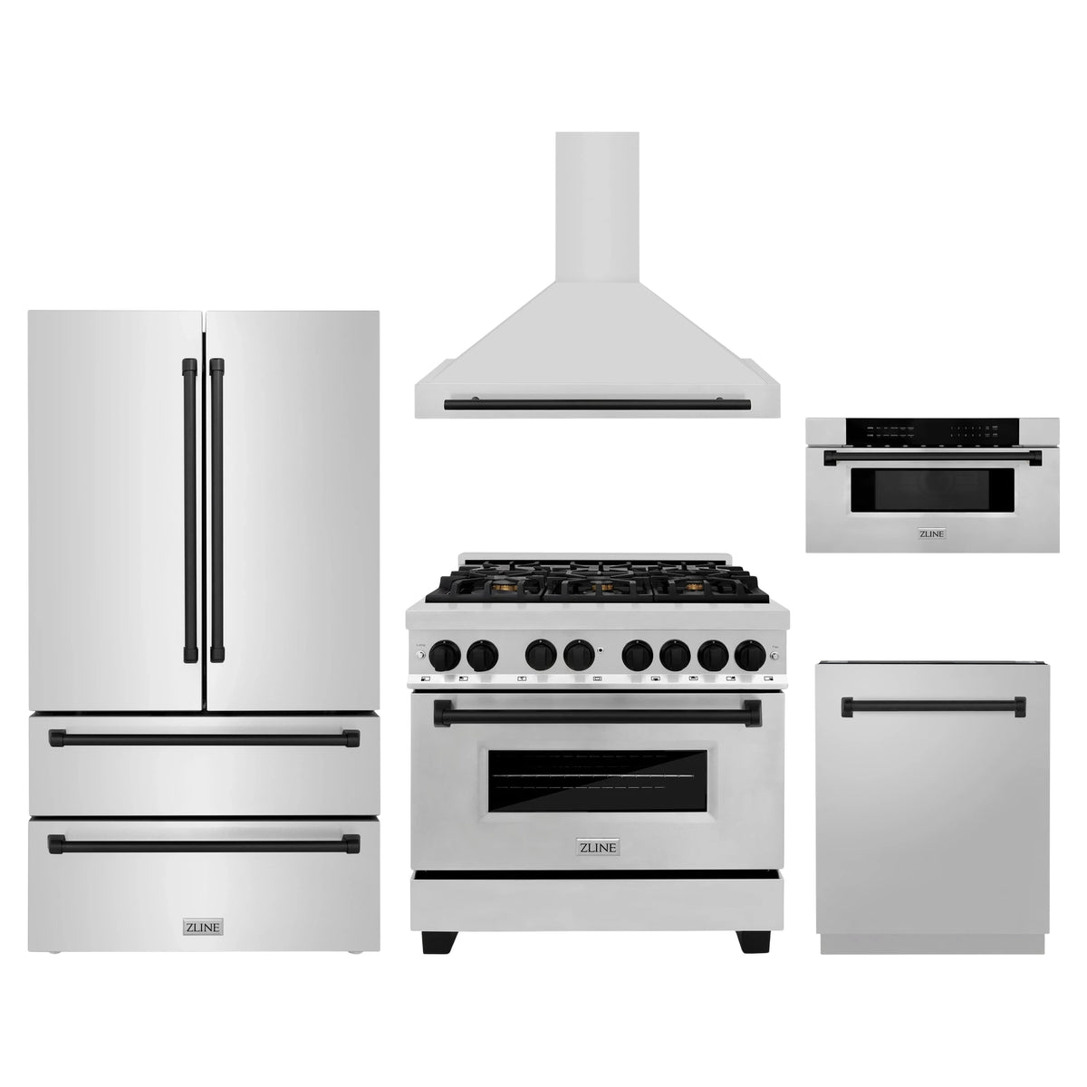 ZLINE 5-Piece Appliance Package - 36-Inch Legacy Autograph Dual Fuel Range, Wall Mount Range Hood, 36-Inch French Door Refrigerator, Dishwasher, and 30-Inch Microwave Drawer in Stainless Steel with Matte Black Accents