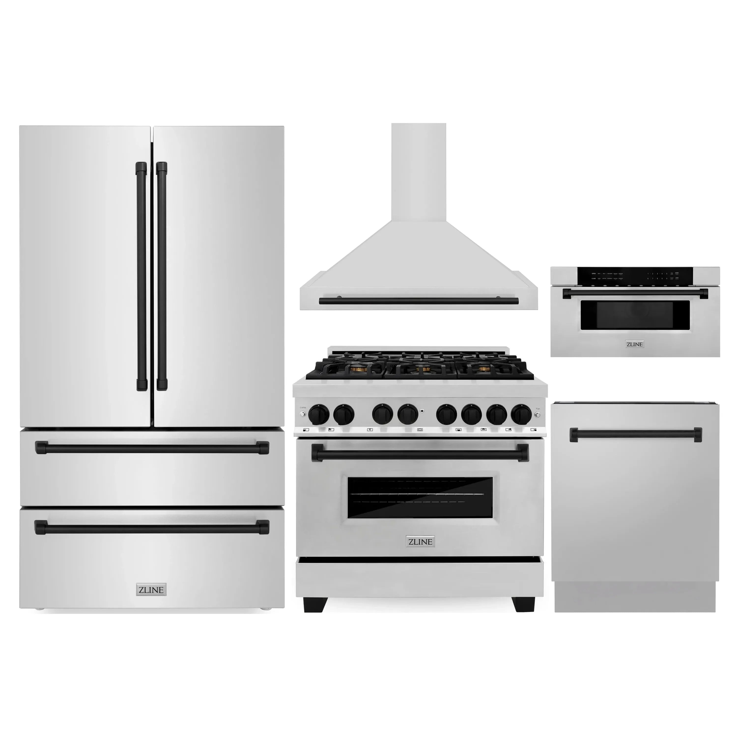 Stainless steel appliance set with French door refrigerator, dual fuel range, and microwave