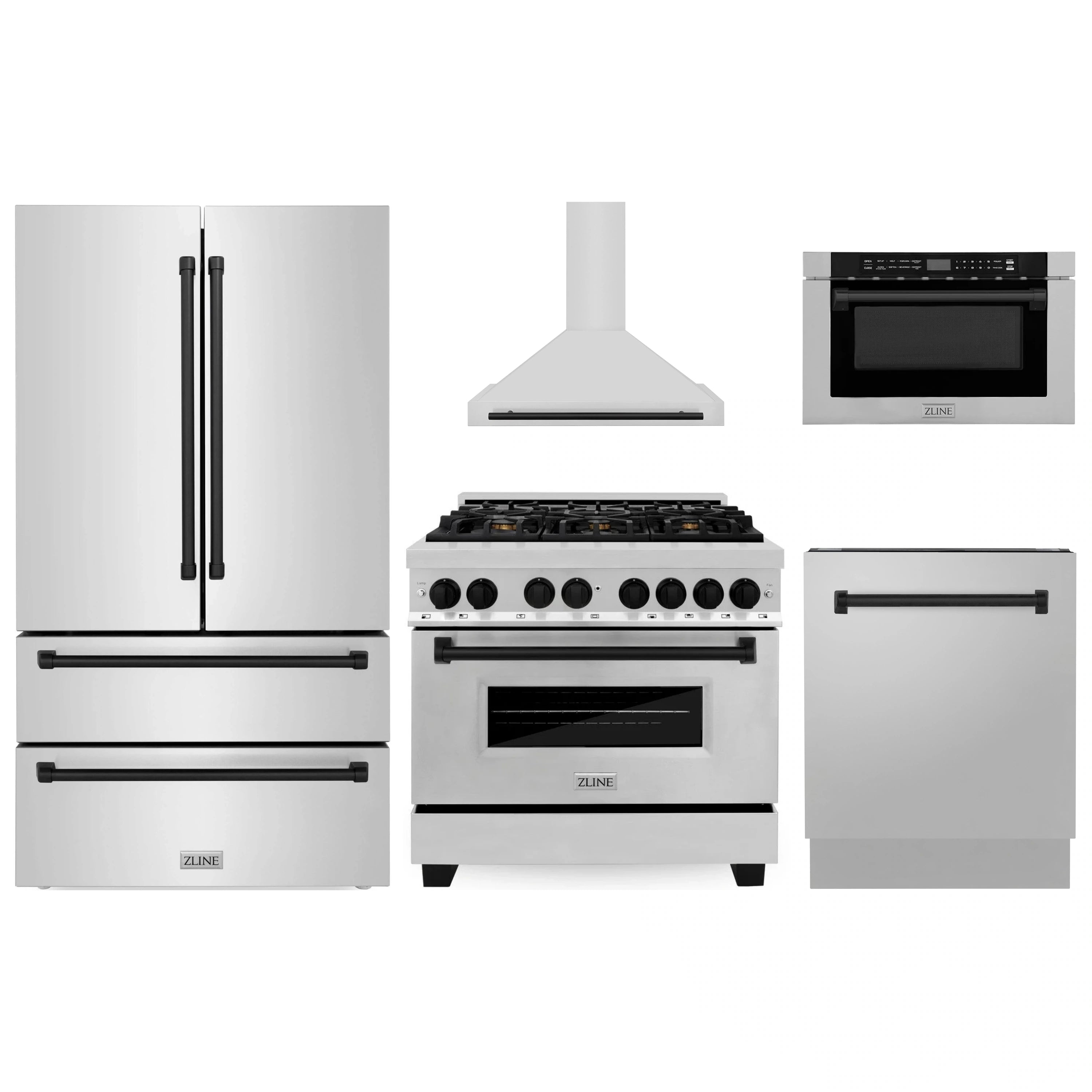 Kitchen appliance package: stainless refrigerator, dual-fuel range, hood, and microwave