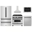 ZLINE 5-Piece Appliance Package - 36-Inch Legacy Autograph Dual Fuel Range, Wall Mount Range Hood, 36-Inch French Door Refrigerator, Dishwasher, and 30-Inch Microwave Drawer in Stainless Steel with Matte Black Accents