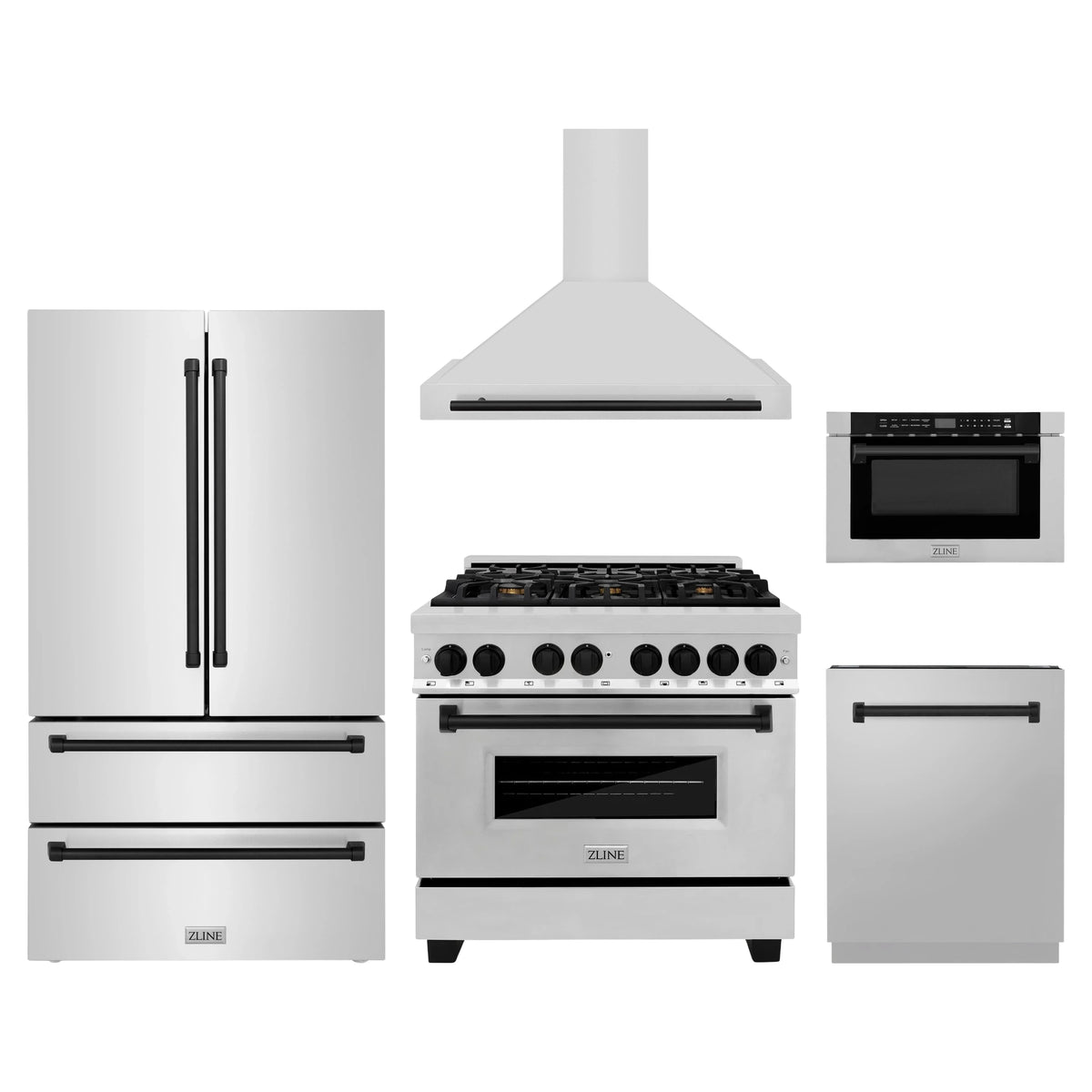 ZLINE 5-Piece Appliance Package - 36-Inch Legacy Autograph Dual Fuel Range, Wall Mount Range Hood, 36-Inch French Door Refrigerator, Dishwasher, and 24-Inch Microwave Drawer in Stainless Steel with Matte Black Accents