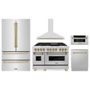 ZLINE 5-Piece Appliance Package - 48-Inch Legacy Autograph Dual Fuel Range, Wall Mount Range Hood, 36-Inch French Door Refrigerator, Dishwasher, and 30-Inch Microwave Drawer in Stainless Steel with Champagne Bronze Accents