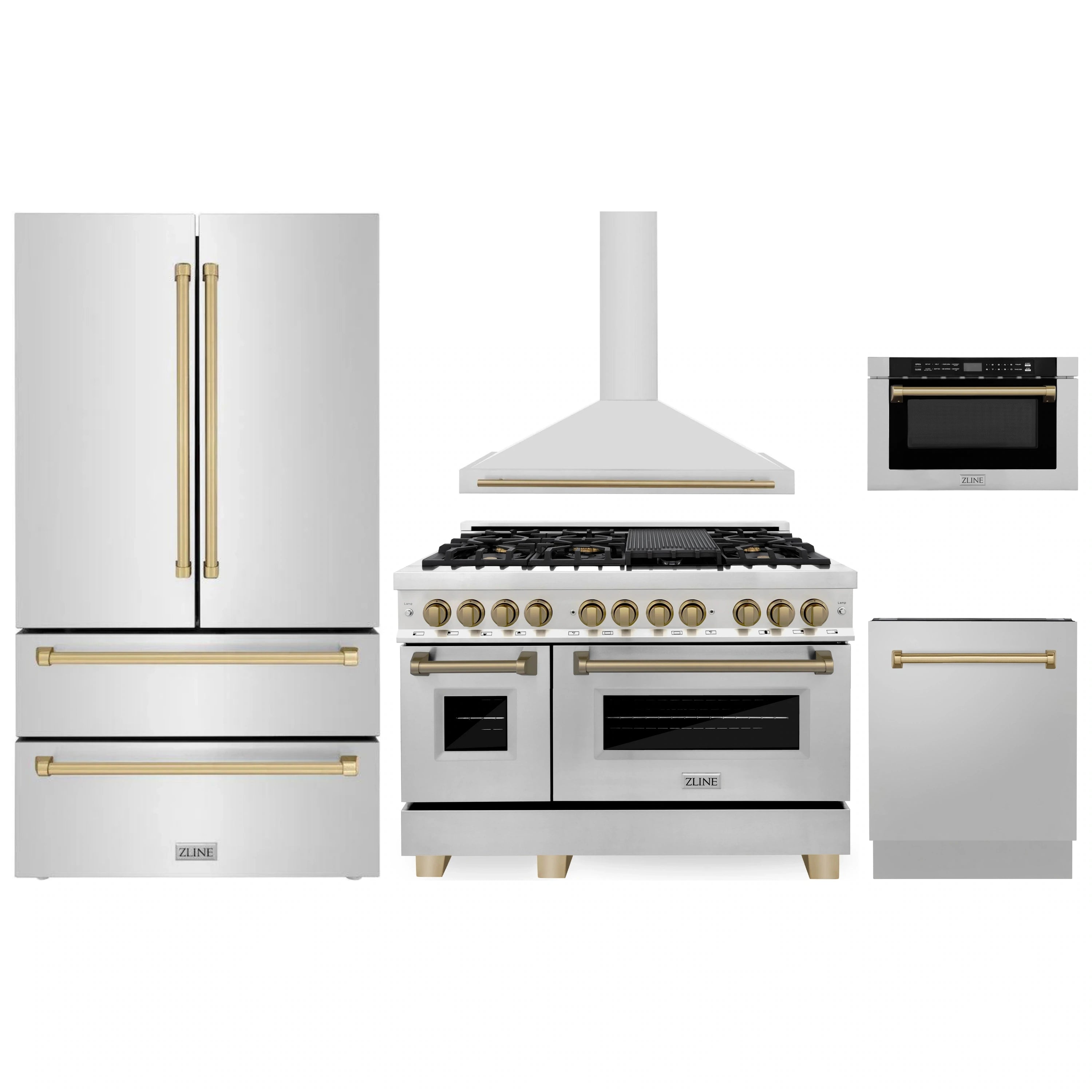Stainless steel kitchen appliance set with champagne bronze accents, refrigerator and range
