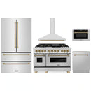 ZLINE 5-Piece Appliance Package - 48-Inch Legacy Autograph Dual Fuel Range, Wall Mount Range Hood, 36-Inch French Door Refrigerator, Dishwasher, and 30-Inch Microwave Drawer in Stainless Steel with Champagne Bronze Accents